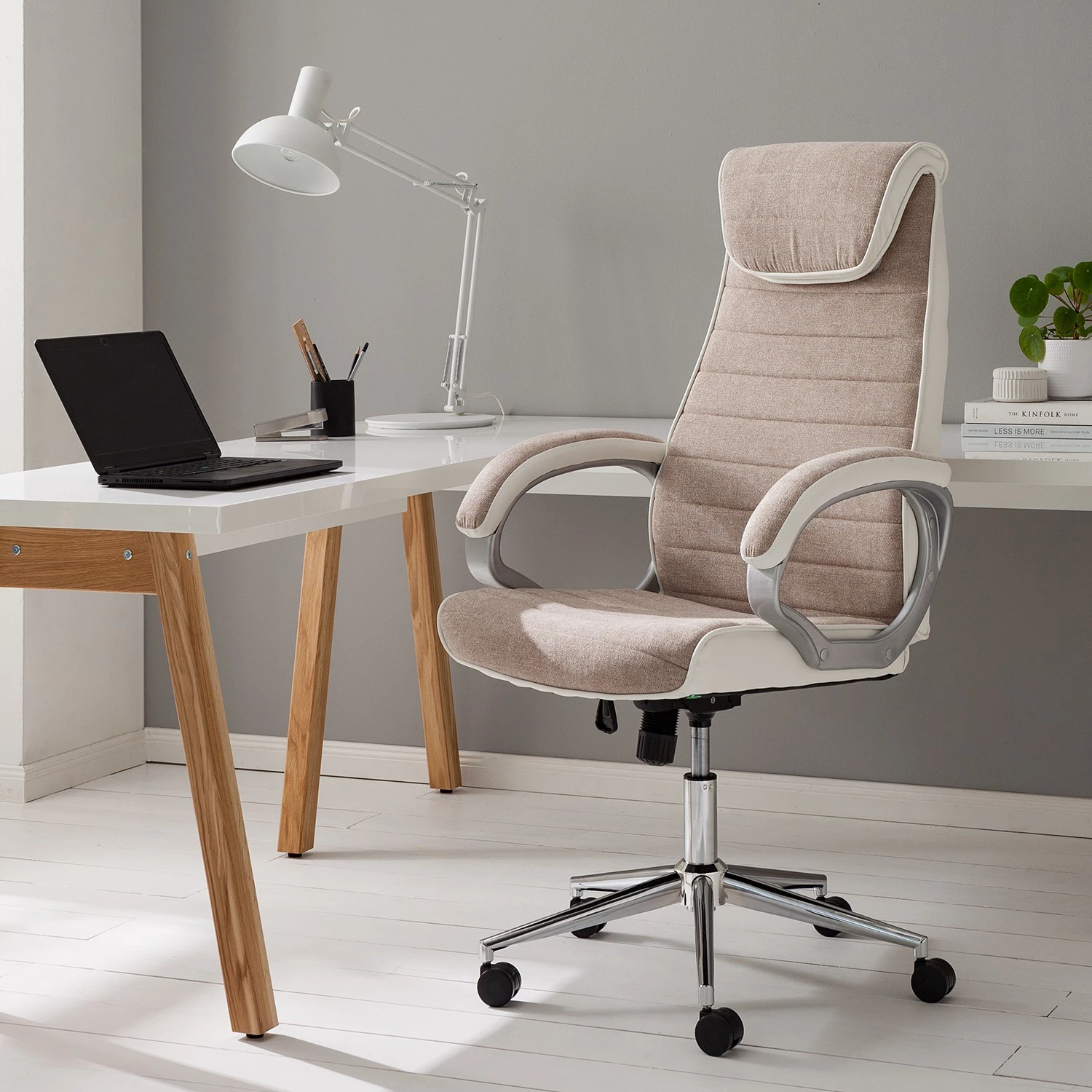 Furnitive Fauteuil de bureau Austinmer - Microfibre / Imitation cuir - Beige / Blanc 4 Furnitive Fauteuil de bureau Austinmer - Microfibre / Imitation cuir - Beige / Blanc – Image 2