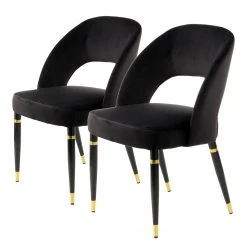 Kayoom Chaises capitonnées Courtney (lot de 2) - Velours / Partiellement en eucalyptus massif - Noir / Doré