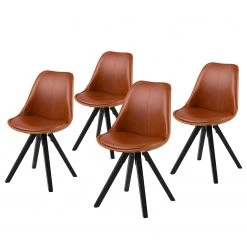 Mørteens Chaises capitonnées Aledas III - Imitation cuir / Hévéa massif - Cognac / Noir - Lot de 4