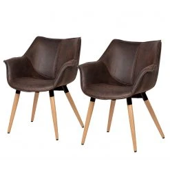 Ars manufacti Chaise à accoudoirs Kantii I - Microfibre / Chêne massif - Marron foncé vintage - Lot de 2